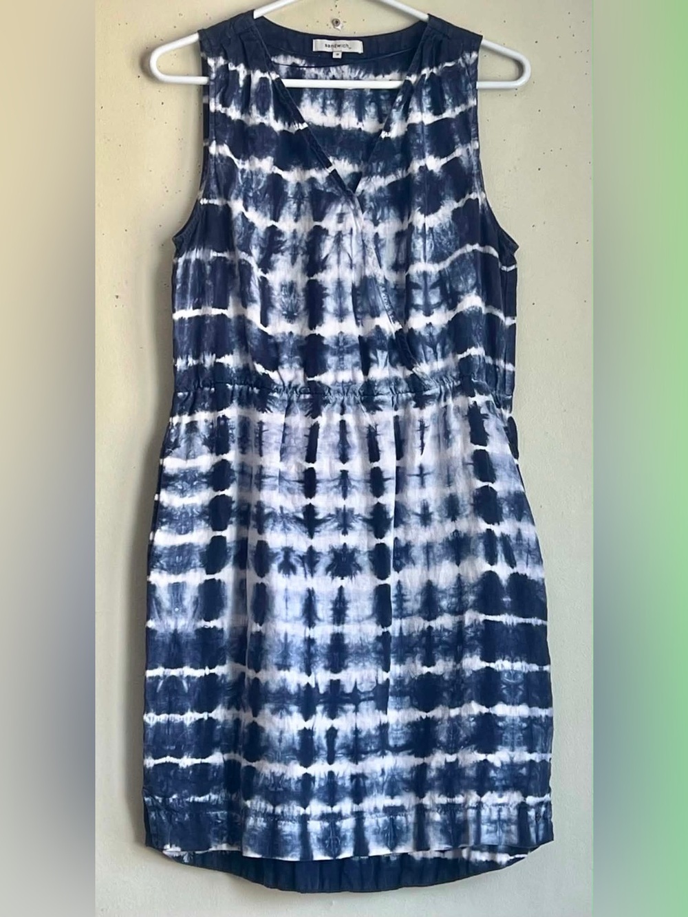 Sandwich Sleeveless Linen Navy and White Tie-Dye Midi Dress Size Medium